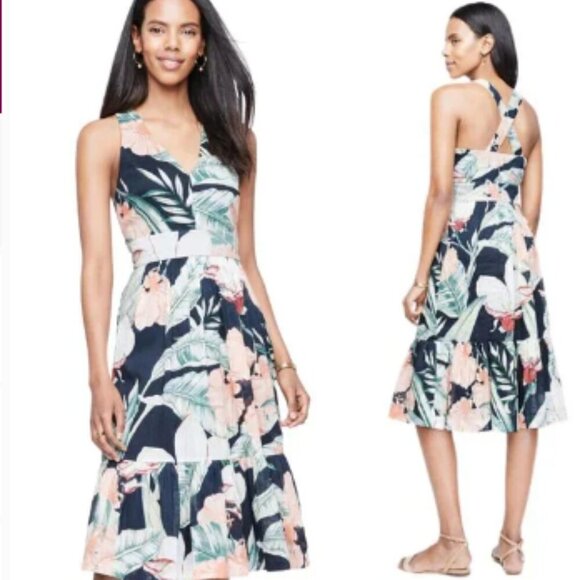 Ann Taylor Navy Pink Island Floral Sleeveless Cross Back Tropical Dress Size 6 - Picture 8 of 9